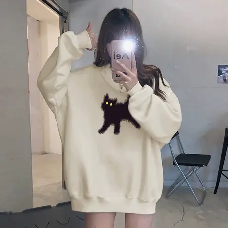 hiphop潮牌圆领宽松卫衣女秋冬季百搭加绒加厚无帽长袖上衣外套商品大图