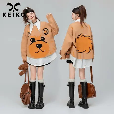 KEIKO 可爱小熊提花毛衣女加厚2023秋冬慵懒风宽松圆领套头针织衫商品大图