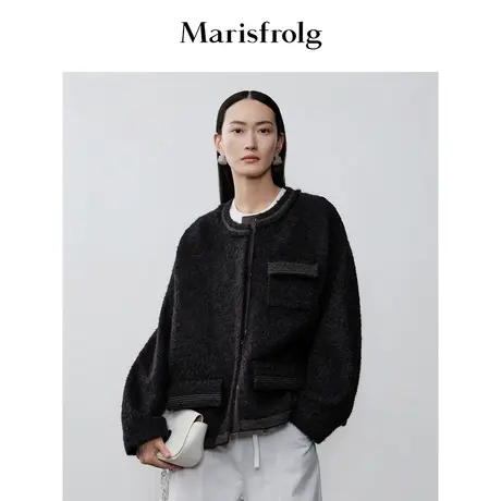 【艺术时装大衣】玛丝菲尔2023年秋季新款黑色小香风短款毛呢外套商品大图
