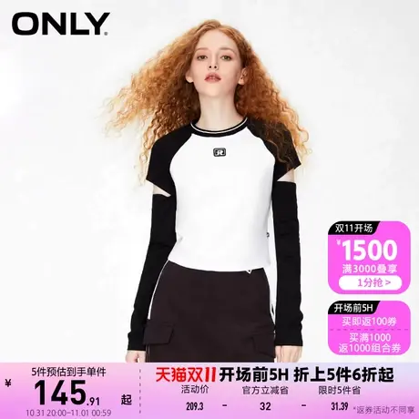 【买5免1】ONLY奥莱秋季新款时尚百搭撞色修身圆领短款长袖T恤女商品大图