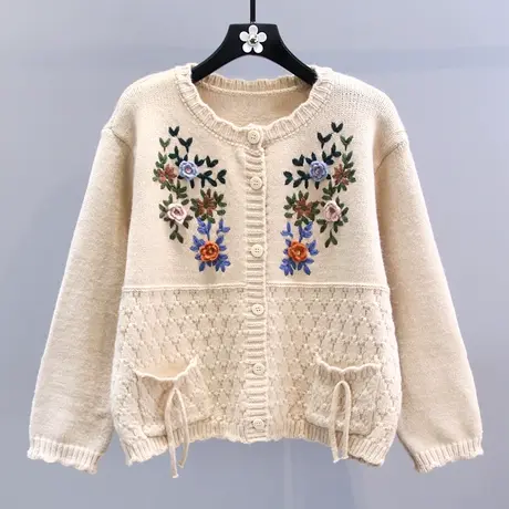 日系手工钩花刺绣小花毛衣外套女秋冬2023新款宽松外搭针织开衫商品大图