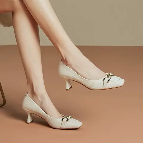 法式复古方头单鞋女高跟鞋细跟里外真皮软皮防滑牛筋底时尚金属扣图片