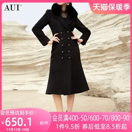 AUI黑色名媛气质长款修身鱼尾毛呢外套女2023冬新款毛领呢子大衣图片