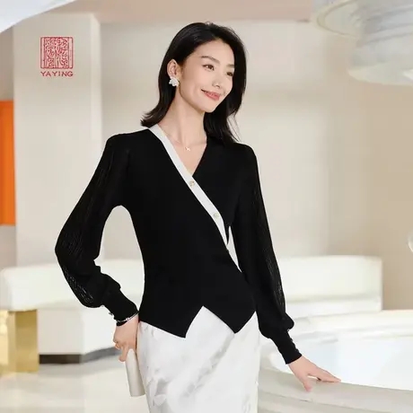 EP雅莹高端系列 绵羊毛不规则泡泡袖V领针织衫 2023秋冬新款9523A图片