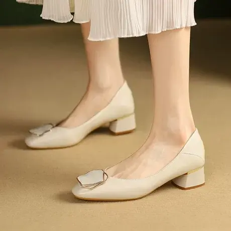 Safiya/索菲娅单鞋女2023新款二层牛皮粗跟通勤时尚浅口乐福鞋女商品大图