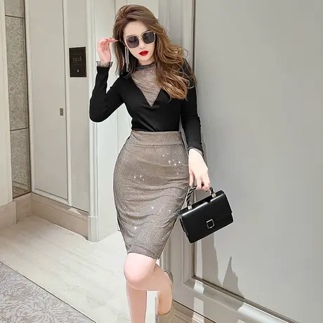 新款修身百搭高腰半身裙女冬小个子时髦高级感网纱拼接包臀短裙子商品大图