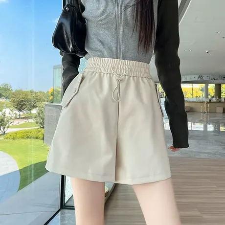 阔腿pu皮短裤女2023秋冬新款高腰宽松显瘦百搭松紧腰a字外穿靴裤商品大图