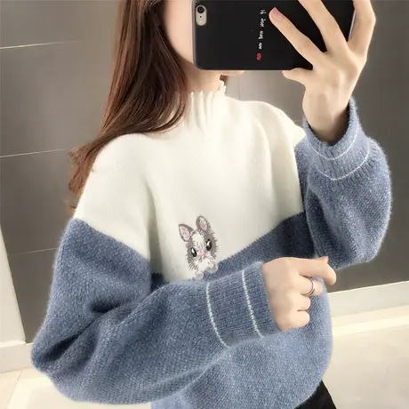 2023春装新款拼色半高领针织衫百搭爆款女士毛衣打底加厚内搭慵懒商品大图