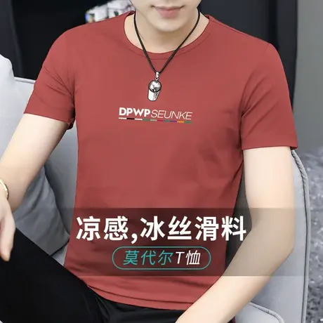 莫代尔短袖t恤男圆领上衣服夏季冰丝光棉凉感速干半袖打底衫体恤商品大图