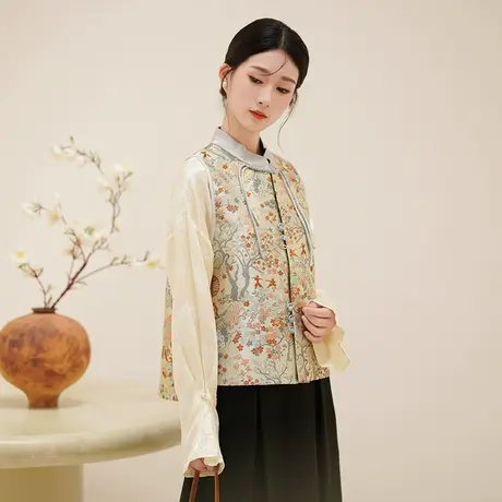 素飞新中式马甲秋冬国风盘扣短款背心立领提花日常百搭上衣T60399图片