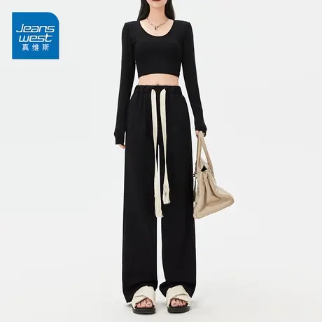 真维斯阔腿裤女2023春秋款韩版高腰显瘦垂感休闲裤腰绳百搭长裤商品大图