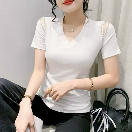 女装2023新款时尚V领短袖T恤ins夏季性感露肩小衫洋气烫钻上衣潮商品大图