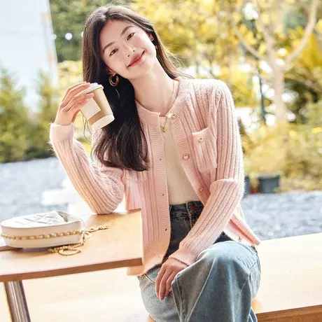 时尚气质毛衣开衫2023年秋季新款女装圆领小香风温柔通勤长袖上衣图片