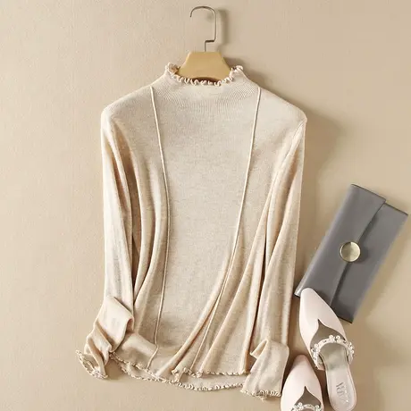 美丽诺羊毛半高领毛衣内搭长袖打底衫女春装新款上衣修身针织衫商品大图