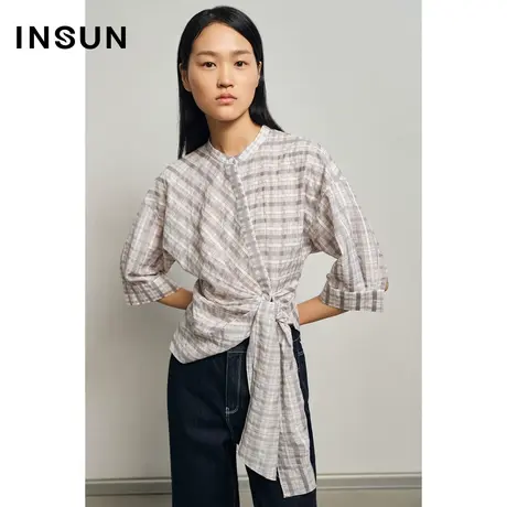 INSUN恩裳夏季七分袖下摆系带格纹衬衫感商品大图