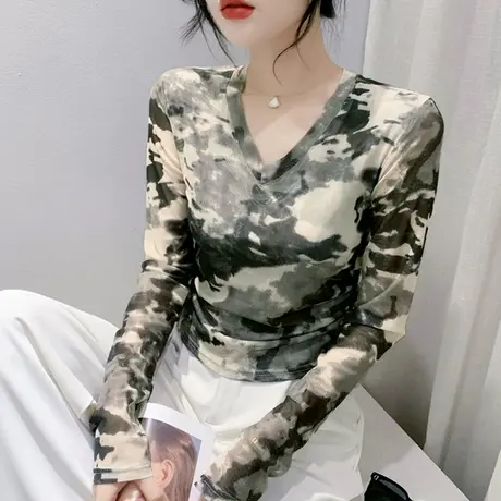 2024夏季新款时尚印花网纱长袖罩衫气质薄款防晒上衣性感V领T恤女图片