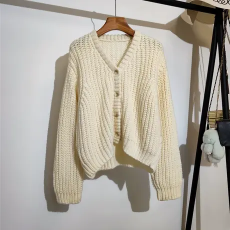 温柔风针织开衫女秋冬新款韩版宽松v领显瘦百搭长袖短款毛衣外套商品大图