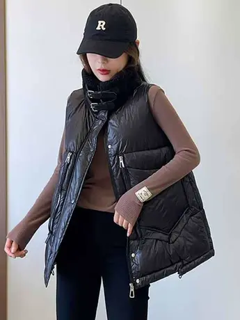 羊羔毛领拼接羽绒棉马甲女2023秋冬新款时尚韩版马夹坎肩背心外穿商品大图