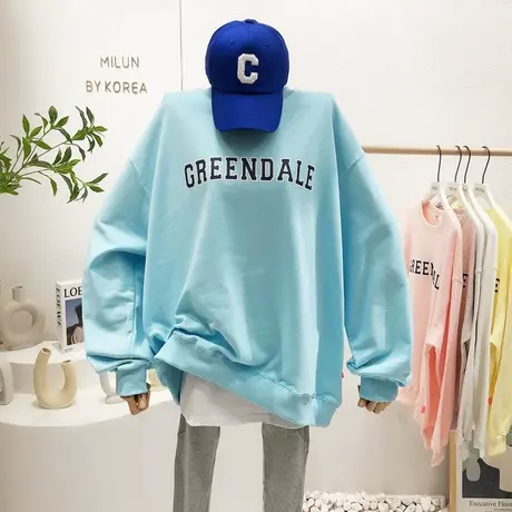 2022早春新款韩国东大门字母印花毛圈棉卫衣宽松包臀大码休闲慵懒商品大图