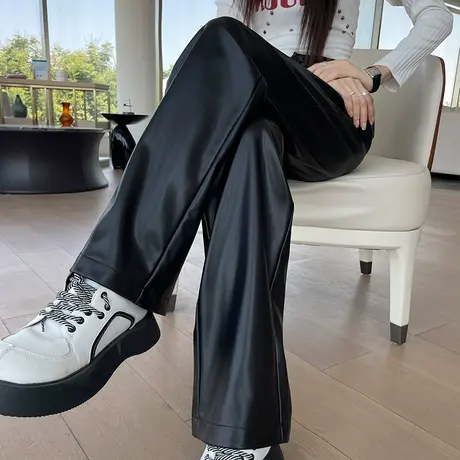 黑色皮裤女秋冬2024新款小个子高腰宽松休闲垂感阔腿裤PU皮西装裤商品大图