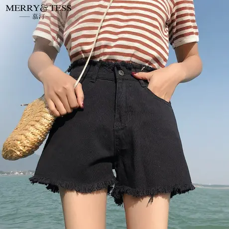 黑色牛仔超短裤女夏高腰宽松2023年新款韩版显瘦毛边a字阔腿裤子图片