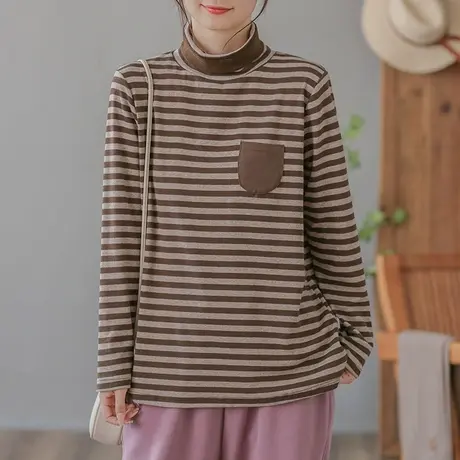 dza复古纯棉高领T恤女士春秋洋气内搭纯棉上衣宽松显瘦条纹打底衫商品大图