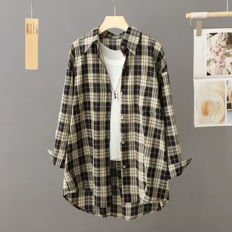 休闲黑白格子衬衫外套女中长款休闲宽松大码上衣春秋季外穿衬衣潮图片