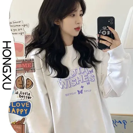 红续秋冬小众设计感白色卫衣女2023盐系长袖宽松百搭显瘦加厚上衣商品大图