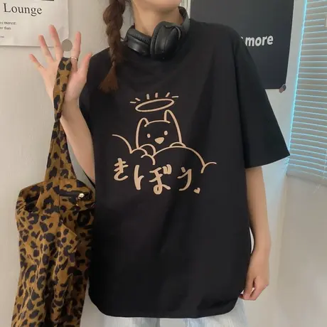 纯棉短袖t恤女夏装2021新款宽松韩版ins设计感小众chic港味上衣服图片