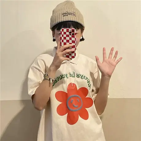 红续原创设计Polo领小花短袖T恤女夏季学院风小个子宽松上衣ins潮商品大图