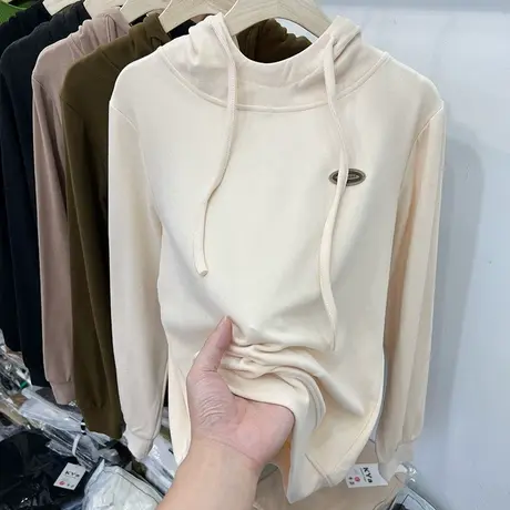 双面磨毛德绒宽松休闲长袖T恤连帽衫上衣女2022秋冬新款套头卫衣商品大图