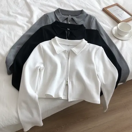 ins超火polo领长袖t恤女春秋修身显瘦别致双拉链螺纹早秋短款上衣商品大图