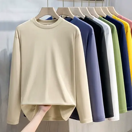 重磅日本棉质春秋季男士长袖T恤 纯色男韩版圆领T恤衫纯棉打底衫商品大图
