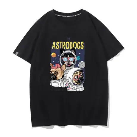 秀洛nasa美国宇航员狗狗头图案印花半袖纯棉潮牌宽松t恤短袖情侣商品大图