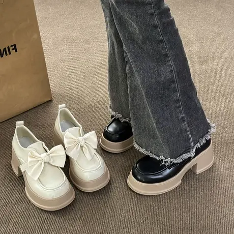 白色粗跟高跟玛丽珍小皮鞋女英伦风春秋新款配堆堆袜蝴蝶结乐福鞋商品大图