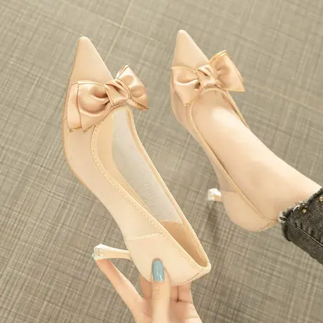 2021年新款蝴蝶结百搭网纱细跟高跟鞋女夏天配裙子的法式尖头凉鞋商品大图