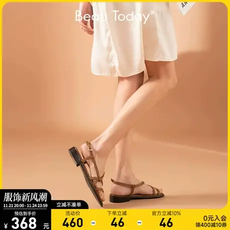 BeauToday罗马凉鞋女ins潮春夏平底真皮鞋子复古低跟细带凉鞋女鞋商品大图