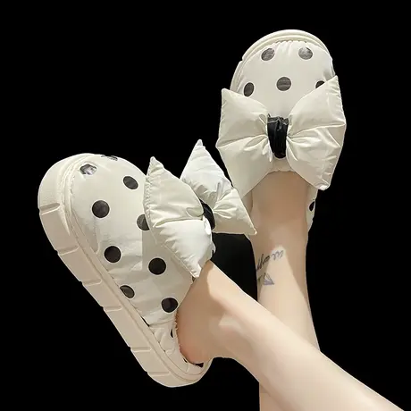 羽绒布防水棉拖鞋女冬季室内外穿可爱波点蝴蝶结加绒保暖厚底拖鞋商品大图