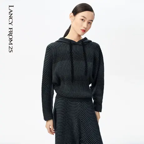 朗姿[暗夜哥特]针织衫女冬季新款时尚休闲宽松条纹连帽卫衣女奥莱商品大图