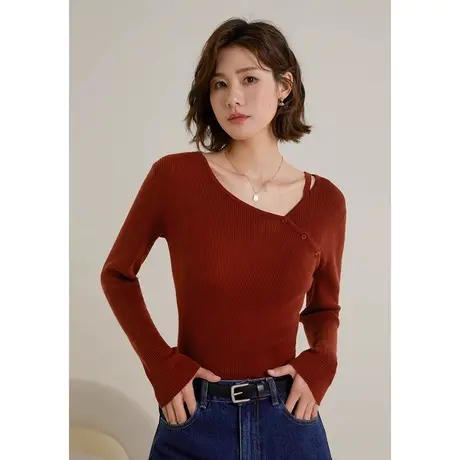 弥古复古红色针织衫打底衫女秋冬黑色v领内搭修身不规则新年上衣商品大图
