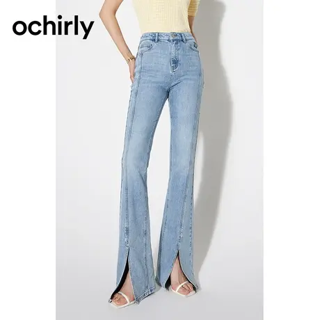 【品牌甄选】欧时力 高腰喇叭牛仔长裤23新款秋印花显瘦休闲别致图片