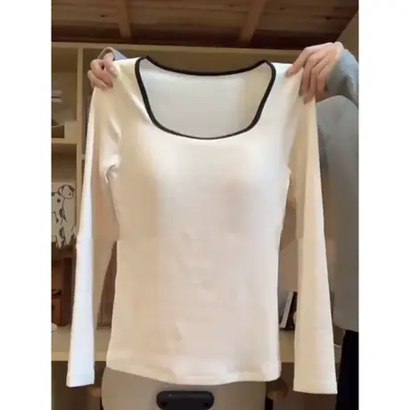 方领正肩德绒长袖T恤女冬季加绒加厚保暖修身内搭打底衫拼色上衣图片