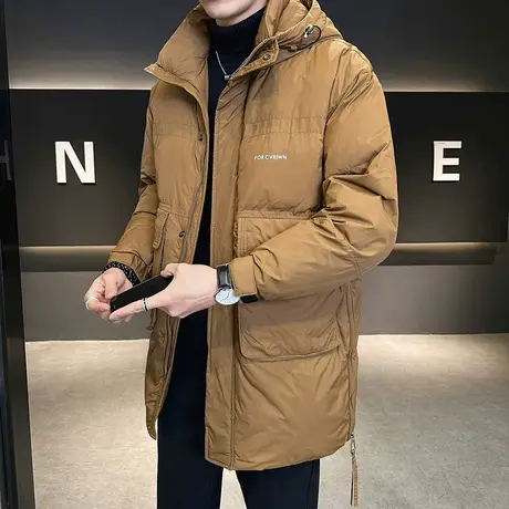 冬季新款中长款连帽外套字母印花加厚羽绒服男潮百搭青年棉服2023图片