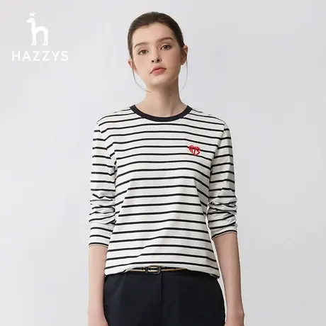 【舒适纯棉】Hazzys哈吉斯2024春季新品条纹打底衫圆领长袖t恤女图片