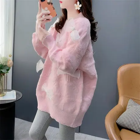 奶fufu蝴蝶结甜美圆领毛衣女秋冬2023新款宽松洋气减龄软糯针织衫商品大图