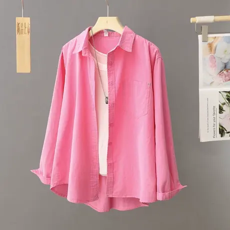 2024春季新款纯棉玫红色衬衫外套女春秋休闲开衫外穿内搭衬衣上衣商品大图