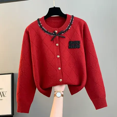 春装本命年蝴蝶结红色毛衣女款2024新款珠片拼接针织开衫圆领外套商品大图