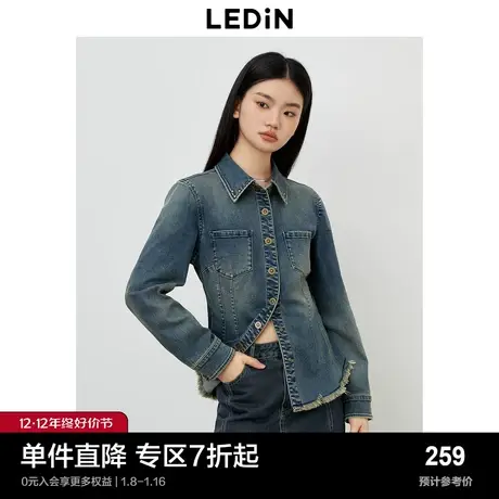 乐町水洗牛仔毛边衬衫秋季新品女装辣妹风修身复古牛仔上衣商品大图