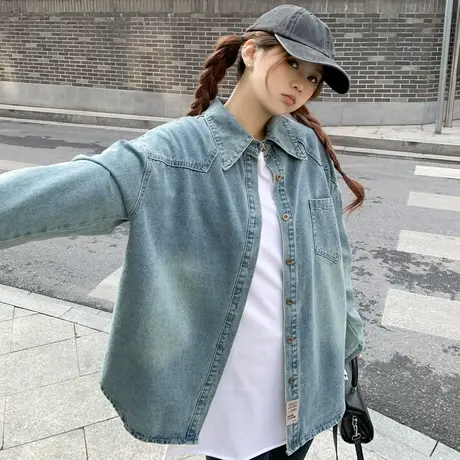 othermix水洗做旧牛仔衬衫女2024春季新款宽松休闲百搭女士短衬衣图片