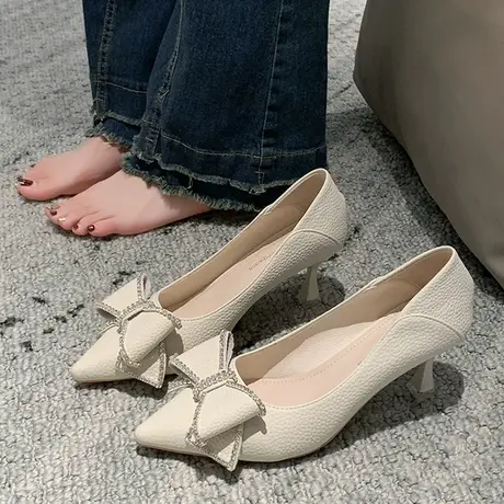 真皮尖头浅口高跟春秋季中跟水钻蝴蝶结单鞋女2024年新款气质皮鞋图片